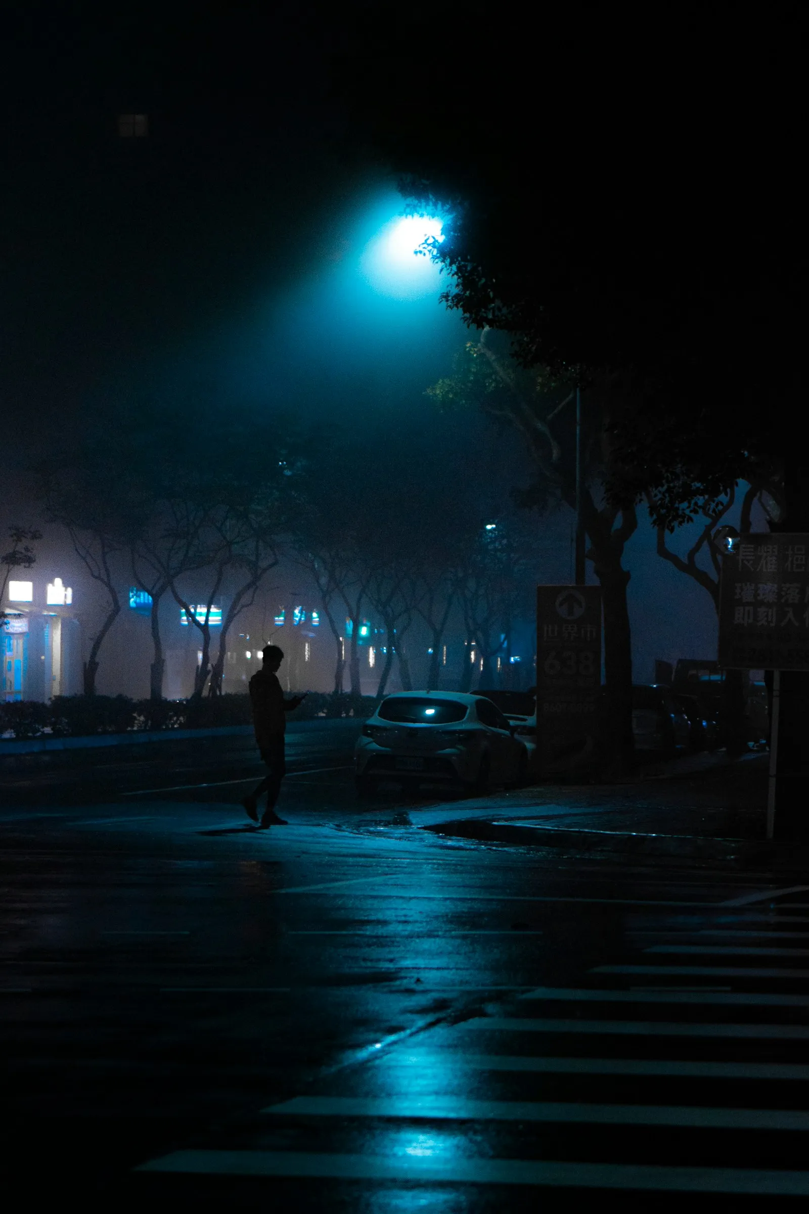 An empty street illuminated at night